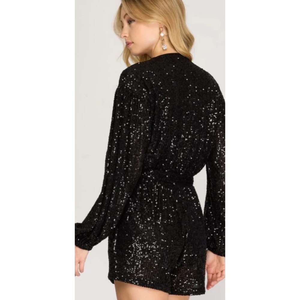 Akaiv Women Black Sequin Long Sleeve Wrap Romper New Year Eve Party Size L (23)